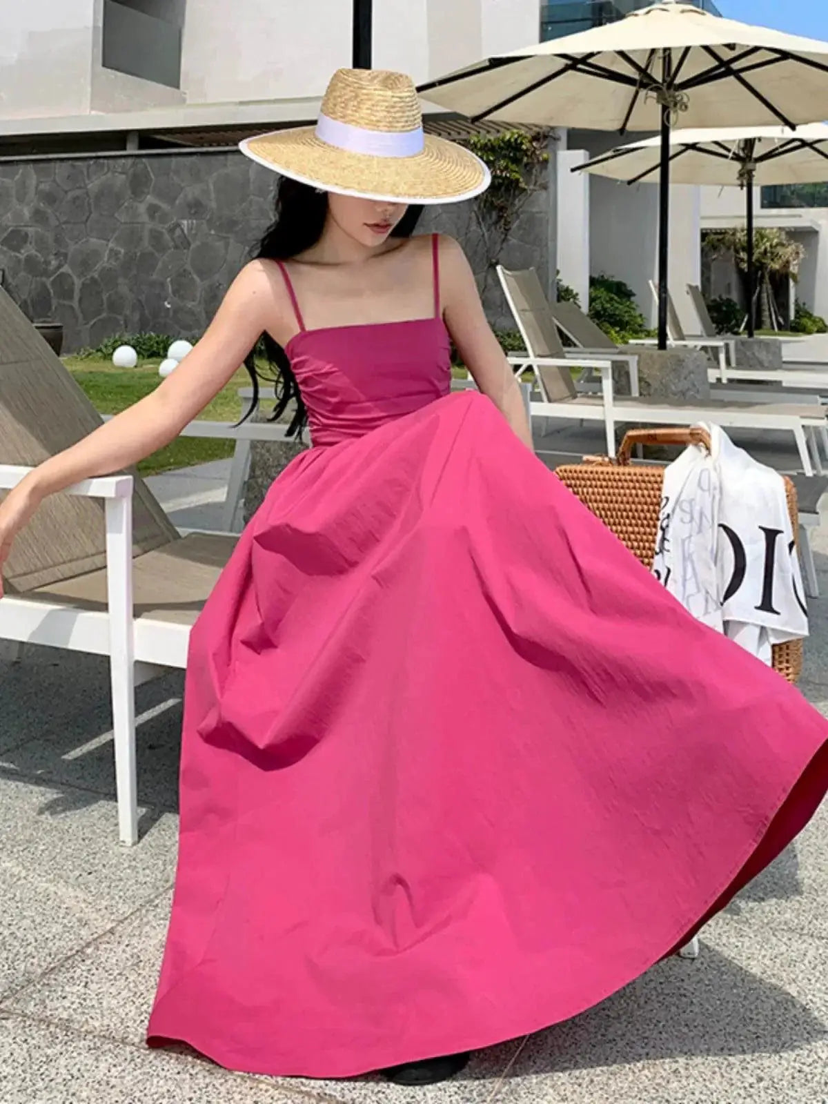Rose Red French Style Seaside Sling Dress For Summer 2023