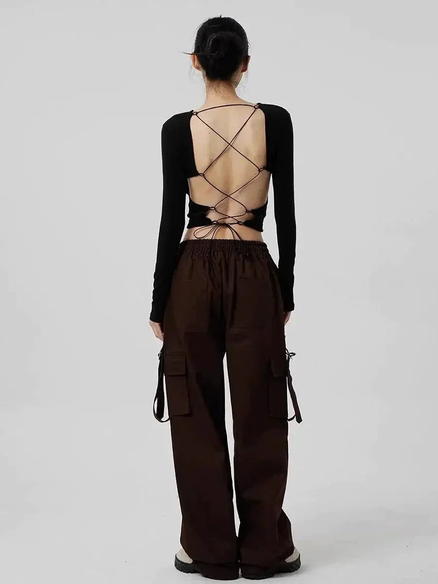 Sexy Black Cross Long Sleeve Tee for Night Out Chic Style
