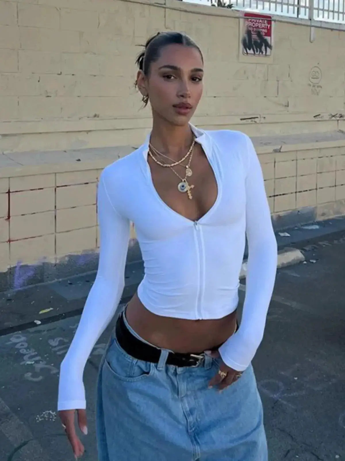 Autumn Winter Women's Chic V Neck Tee Bare Midriff Style