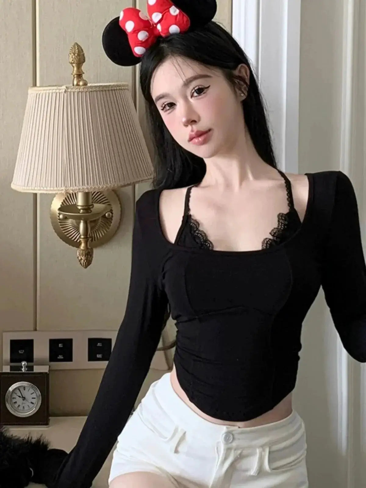 Elegant Lace Trim Nightwear Long Sleeve Top Chic Style