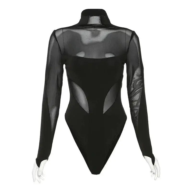 Patchwork Mesh Long Sleeve Tee With Half High Collar Fashion
