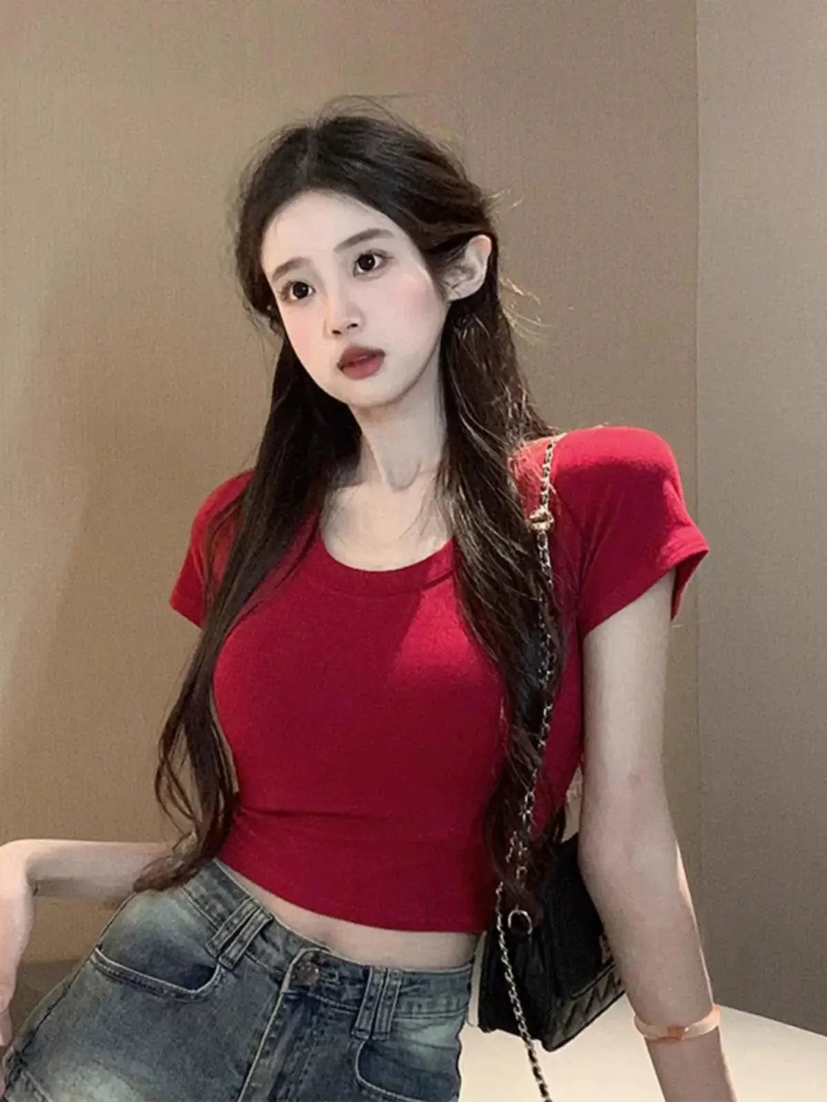 Red Slimming Tee Midriff Baring Womens Top Fashionable