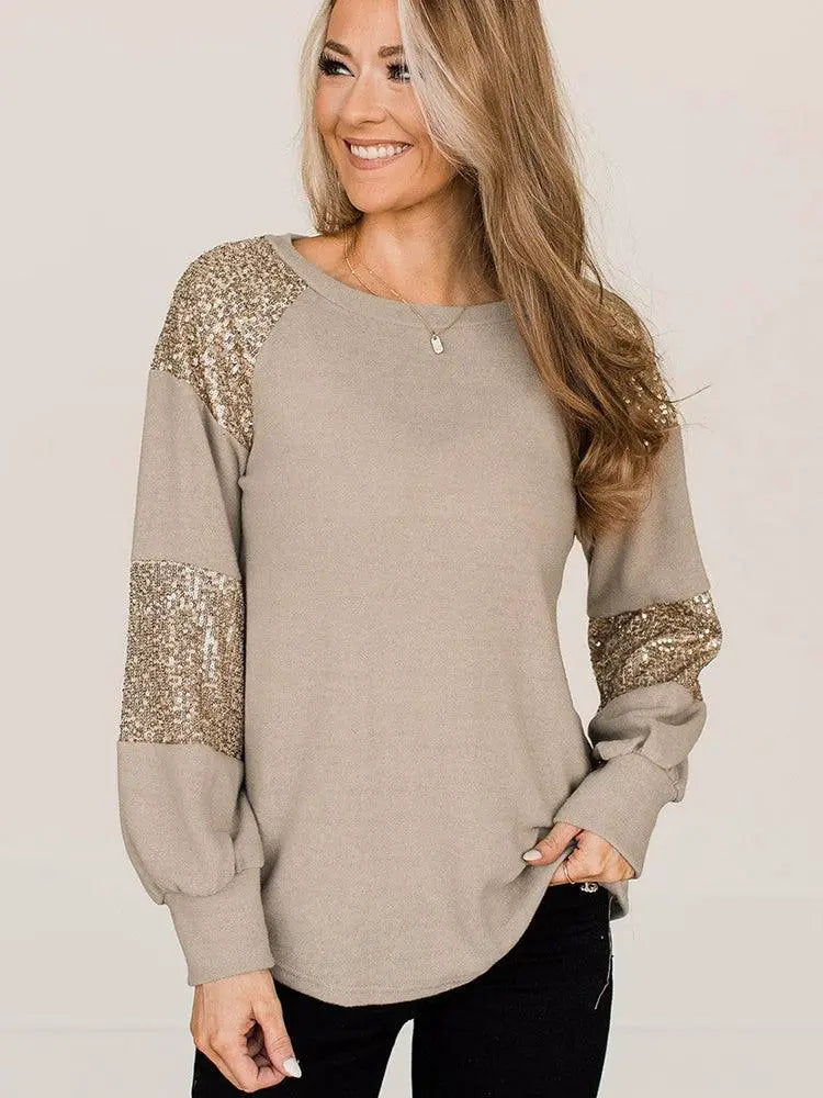 Fall Winter Sequin Long Sleeves Casual Women T Shirt