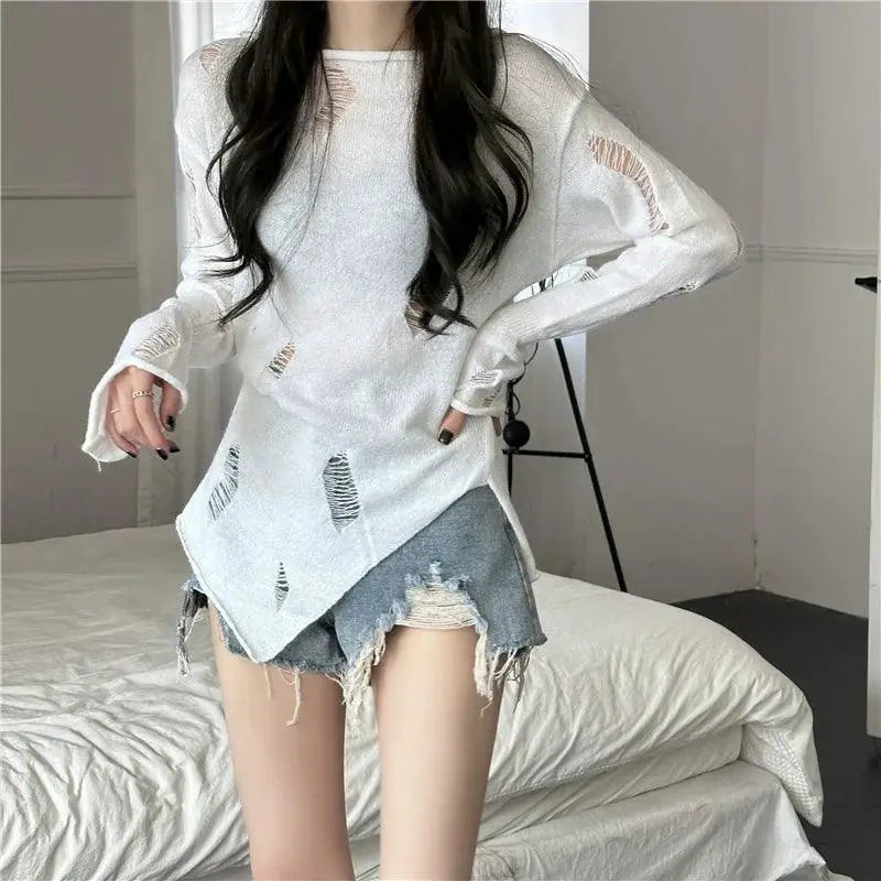 Black Ripped Hollow Knit Long Sleeve Pullover Korean Style