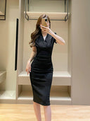 Sophisticated French-Inspired V-Neck Midi Dress Summer Workwear