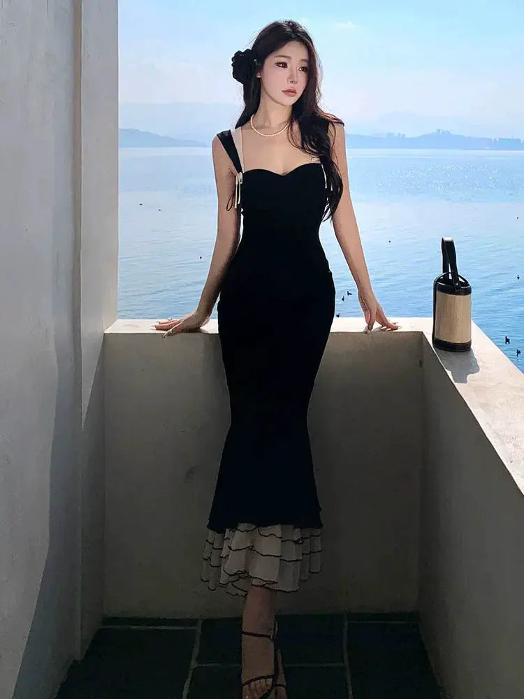 French Black Backless Dress Lotus Sling Stylish Summer Look