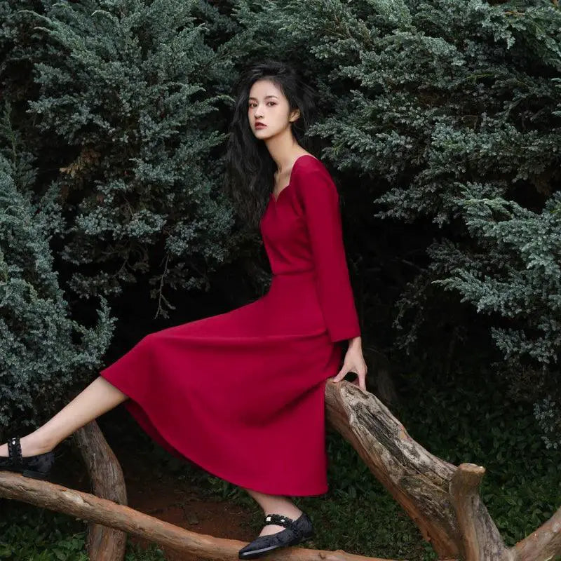 Retro Red Vintage Chic Dress Nine Quarter Sleeve Elegant
