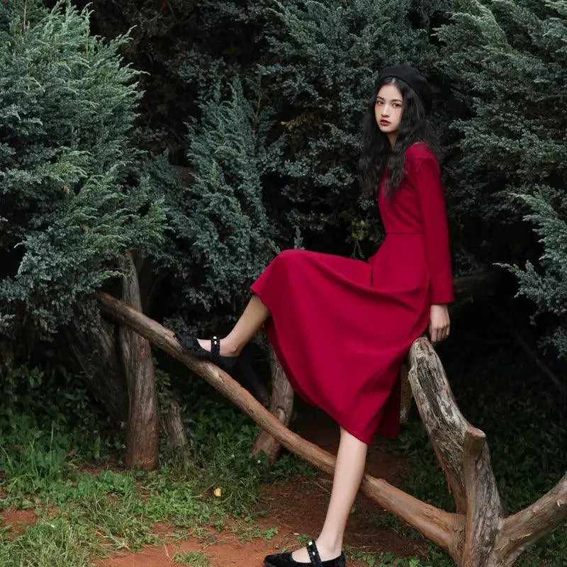 Retro Red Vintage Chic Dress Nine Quarter Sleeve Elegant