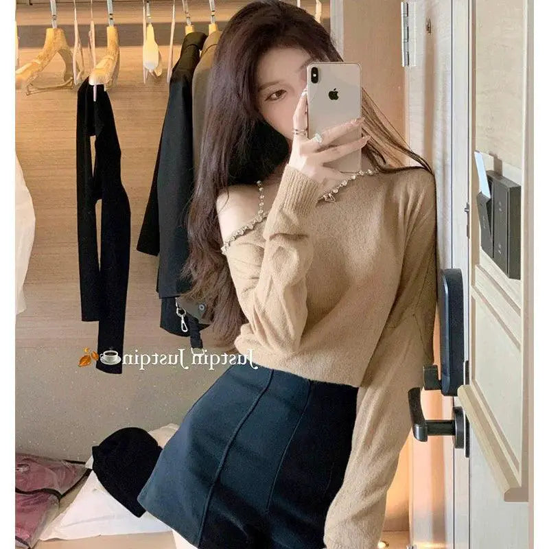Diamond Detailing Off Shoulder Sweater Elegant Autumn Chic