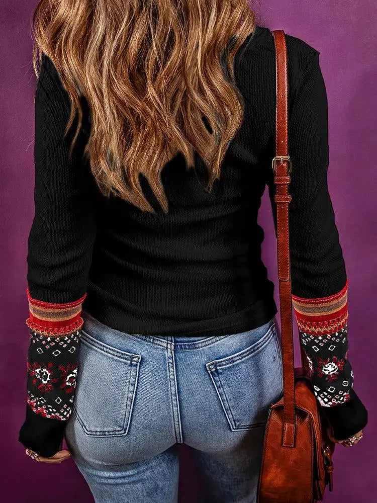 V Neck Ethnic Print Slim Fit Long Sleeve Pullover Women