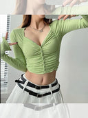 Liviahome Ruched V-neck Long Sleeve Shirt Stylish 2024 Fashion
