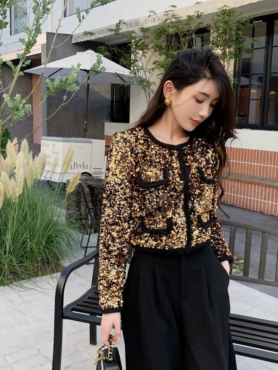 Fujia Gold Sequin Jacket Radiates Elegant Evening Glamour