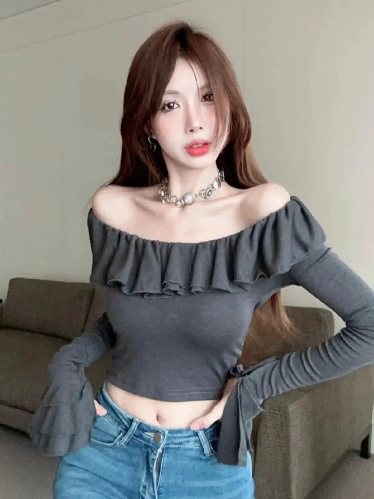 Elegant Off The Shoulder Long Sleeve Shirt For Fall Fashion