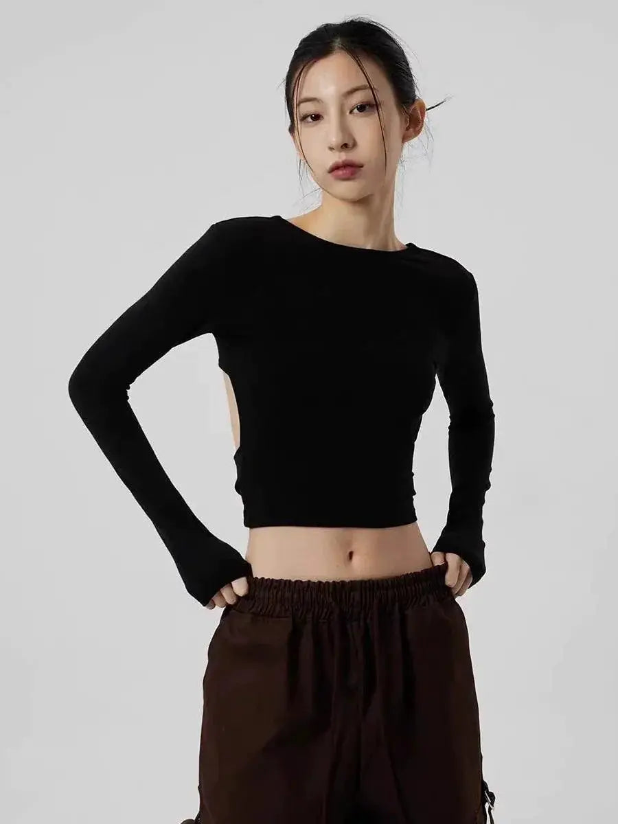 Sexy Black Cross Long Sleeve Tee for Night Out Chic Style