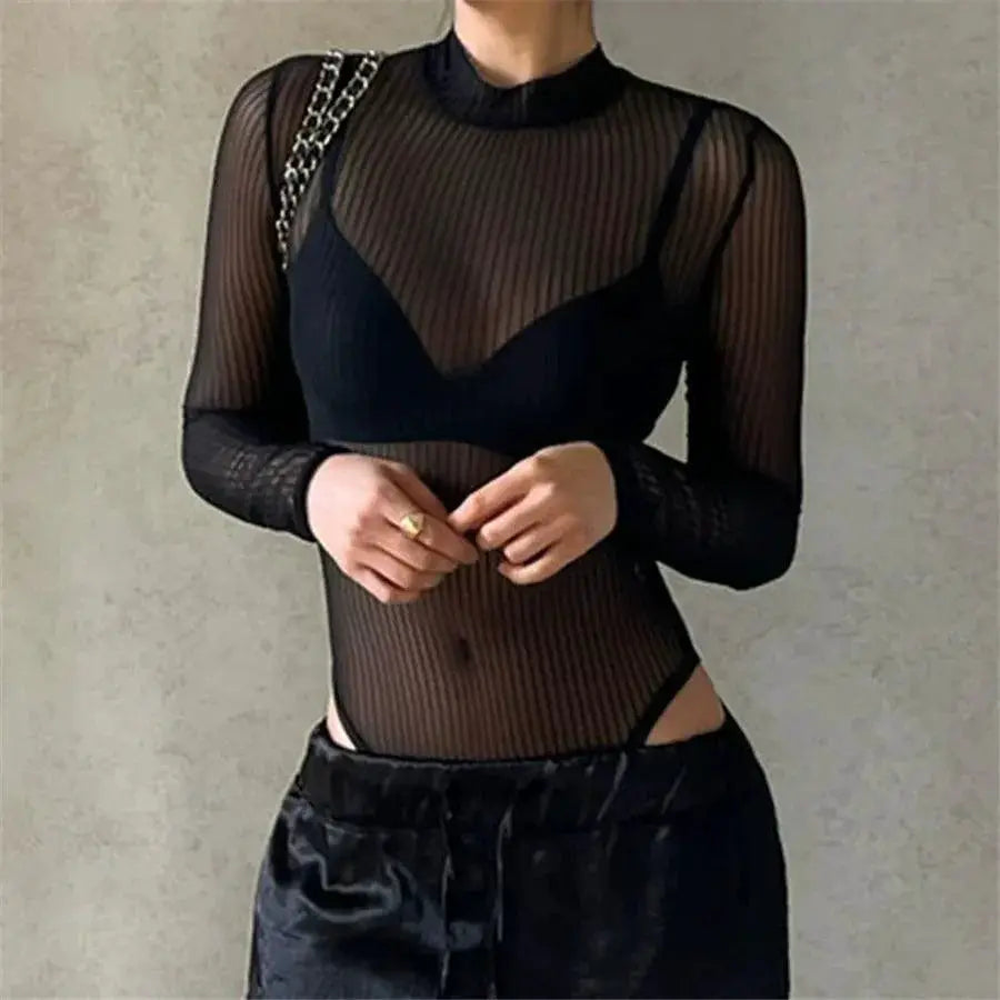 Chic Vertical Stripe Mesh T Shirt Trendsetting Autumn Style