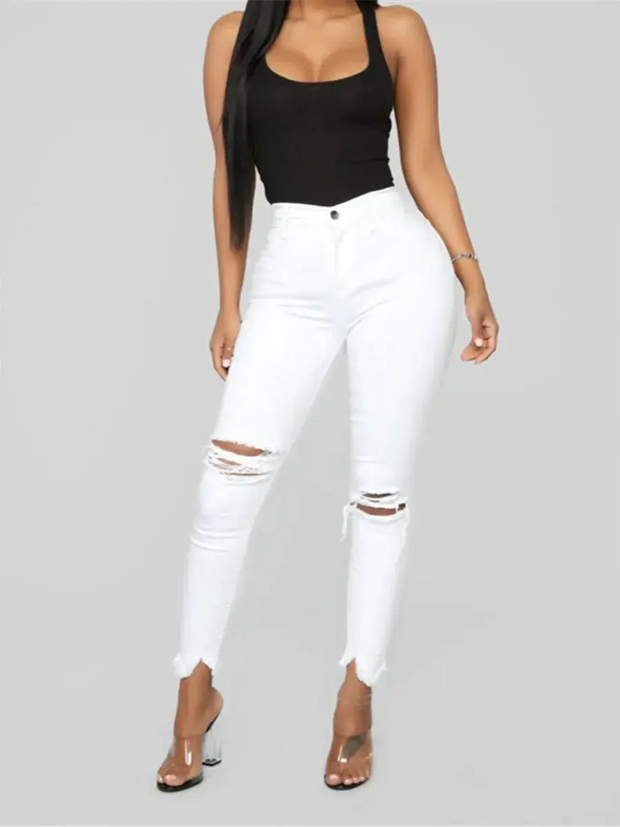 Tall Waist Ripped Jeans for Women Elastic Pants Fashion