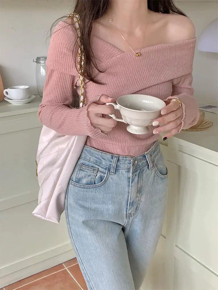 Off Shoulder Long Sleeve Sweater Korean Fashion Statement