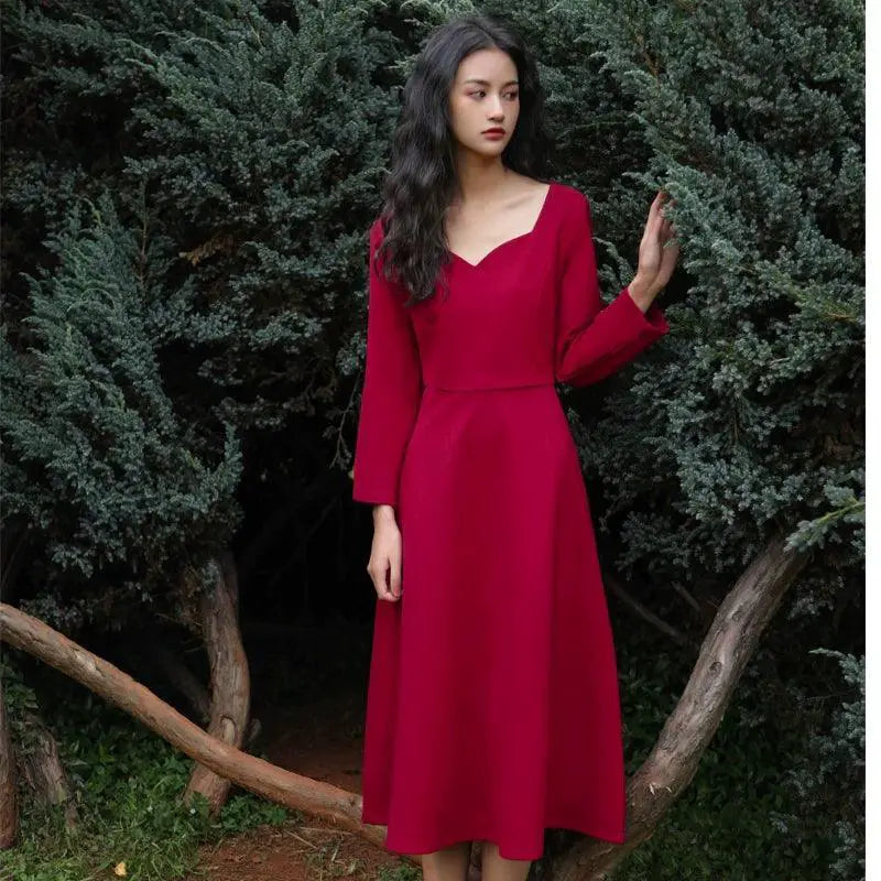 Retro Red Vintage Chic Dress Nine Quarter Sleeve Elegant