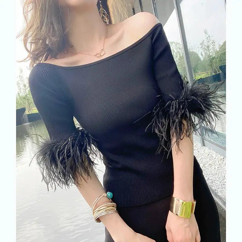 Feather Stitching Rayon Knit Off Shoulder Top Stylish Choice