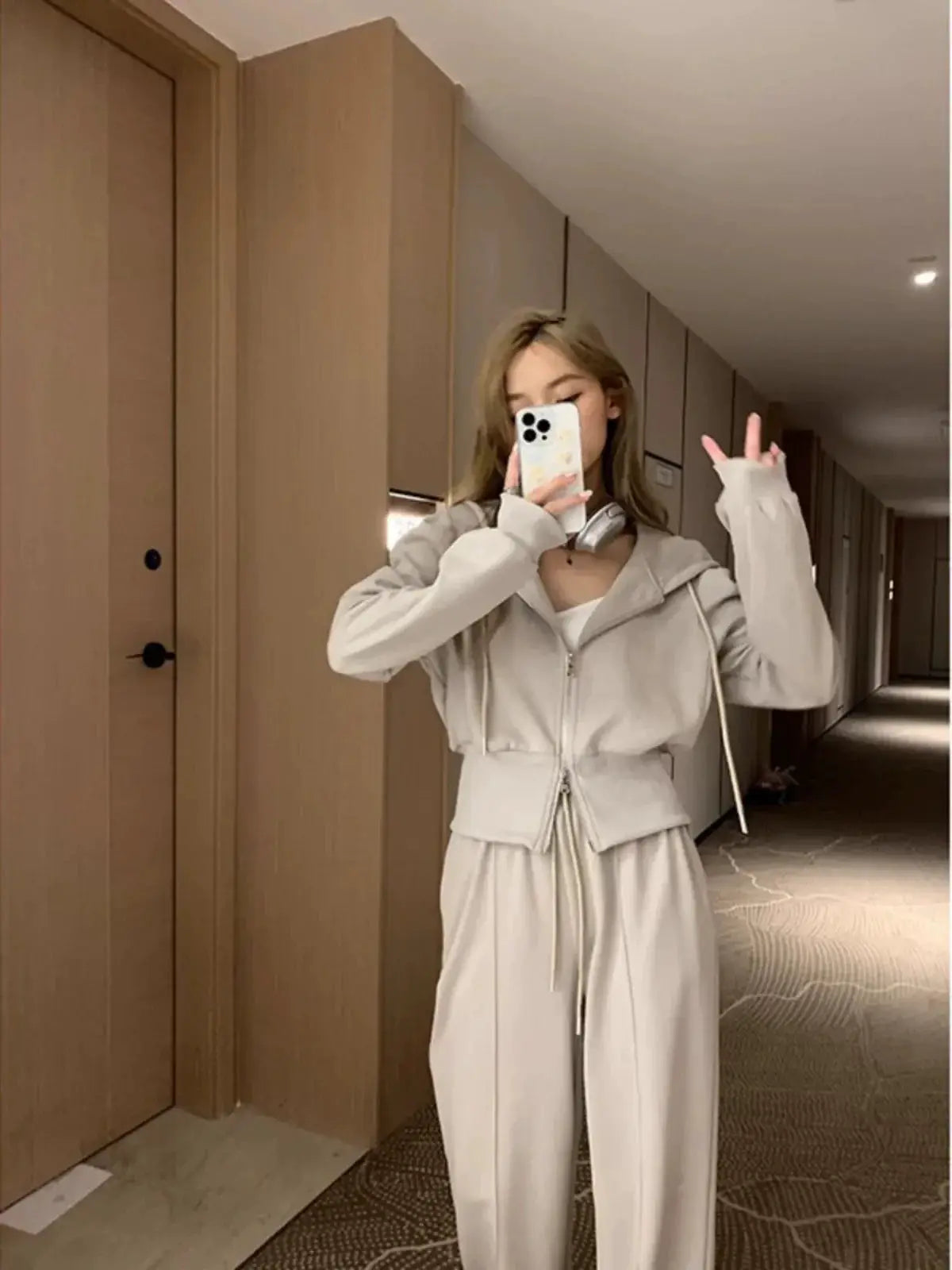 Double Zipper Short Coat Drawstring Hooded Sweater Unisex