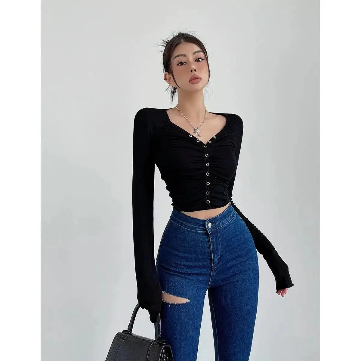Liviahome Ruched V Neck Long Sleeve Shirt 2024 Fashion