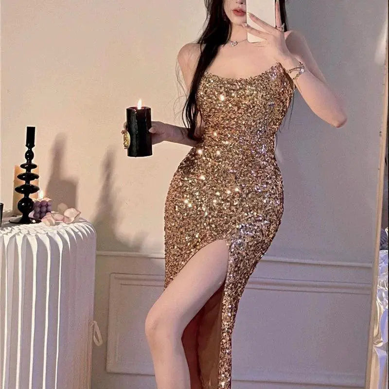Golden Sequin Sling Dress Glamorous Party Wear Slim Looking