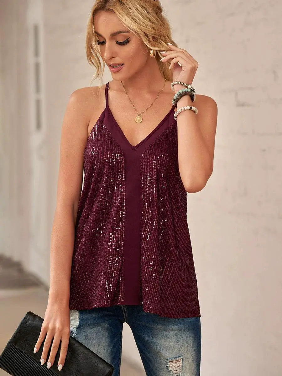 Trendy Sling Fashion V Neck Sleeveless Sequin Top All Match
