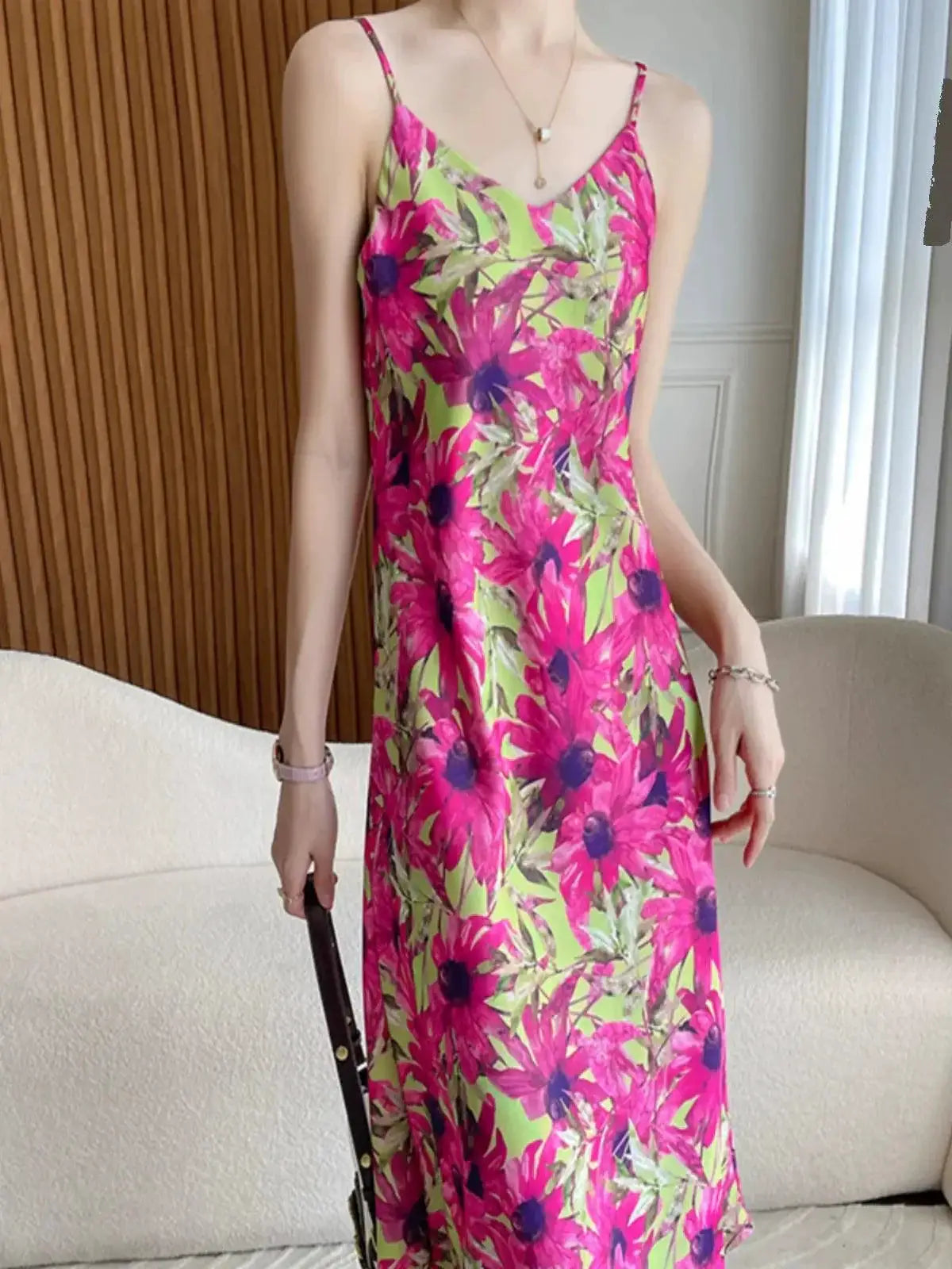 Silk Floral Sling Dress Elegant French Design for Women