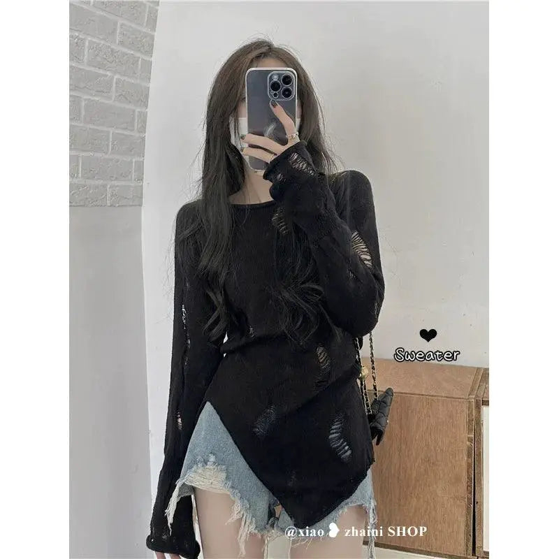 Black Ripped Hollow Knit Long Sleeve Pullover Korean Style