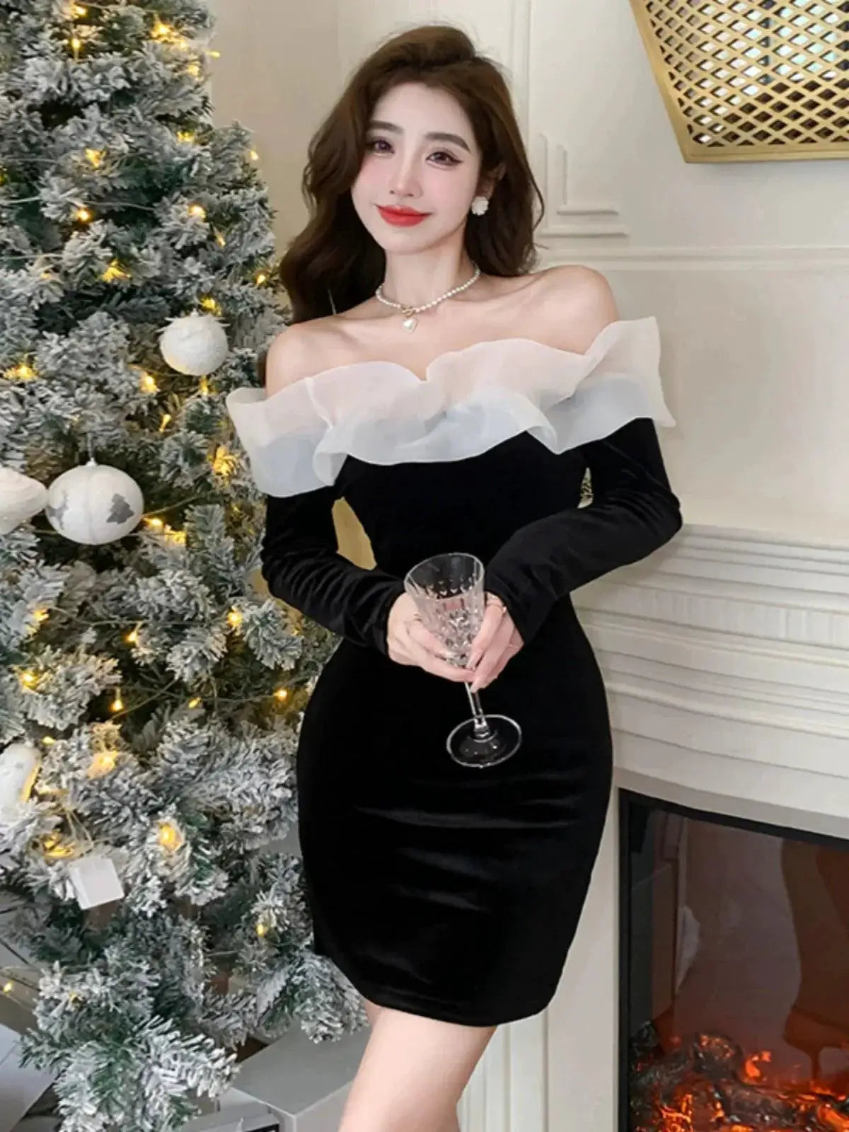 Luxurious Velvet Off Shoulder Dress Chic Elegance Style