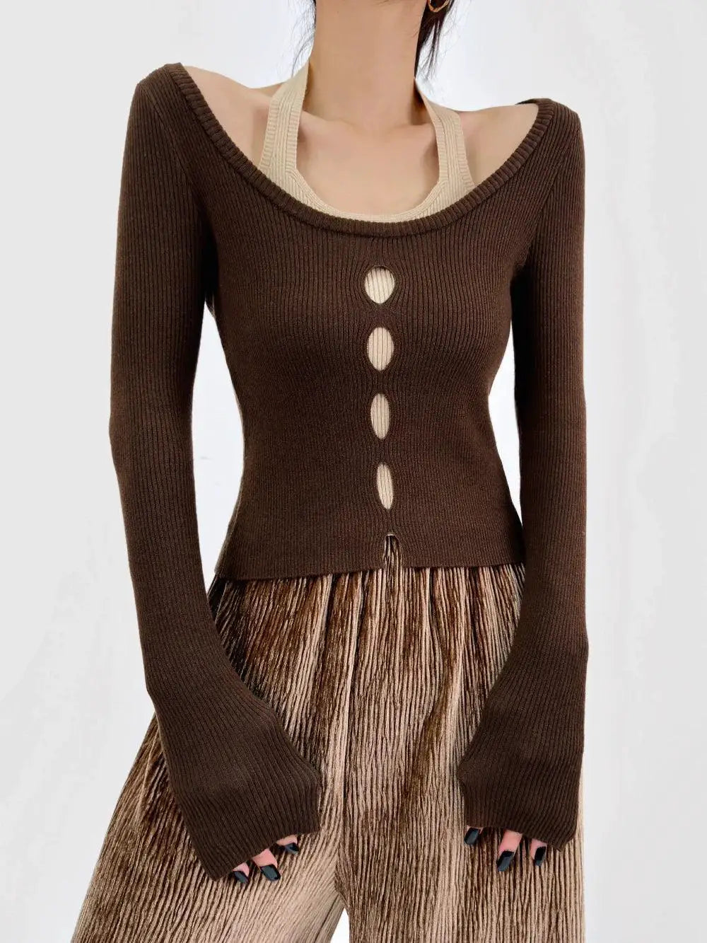 Color Contrast Halterneck Knitwear Slimming Top Patchwork