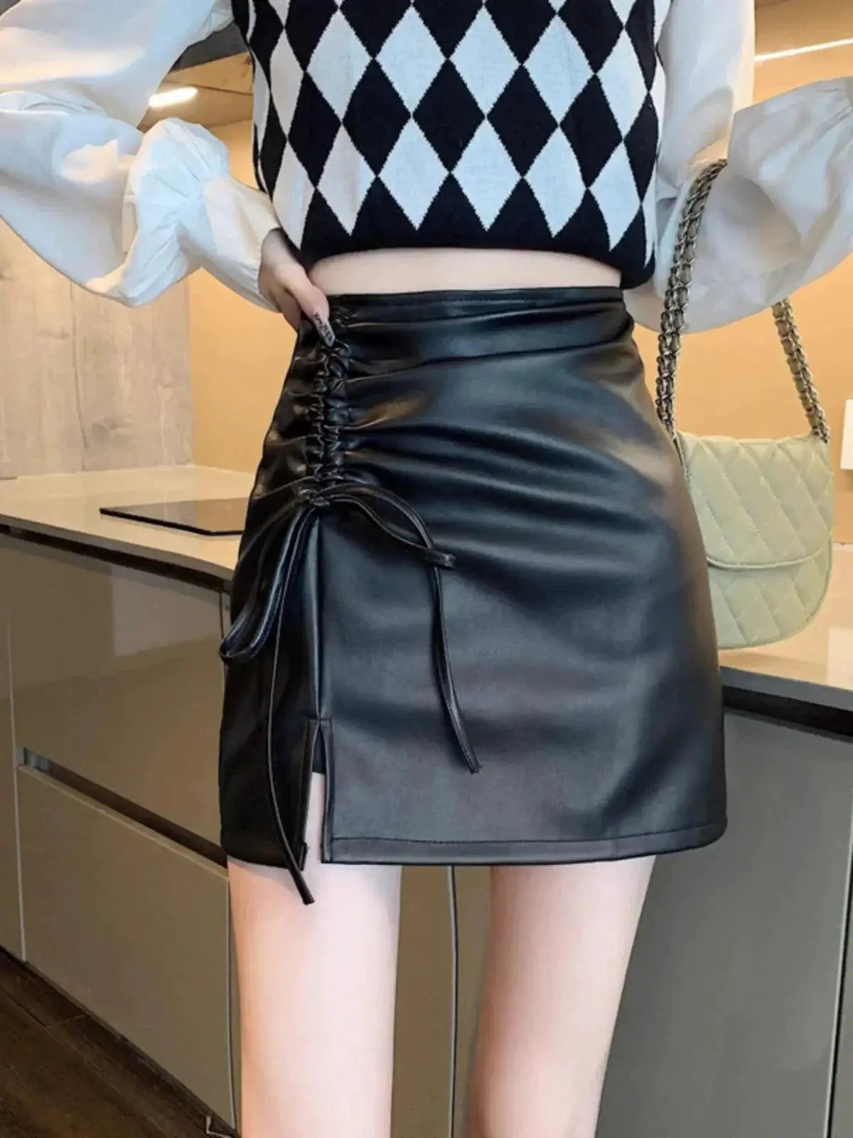 Black Leather Sheath Skirt European Chic Autumn Style