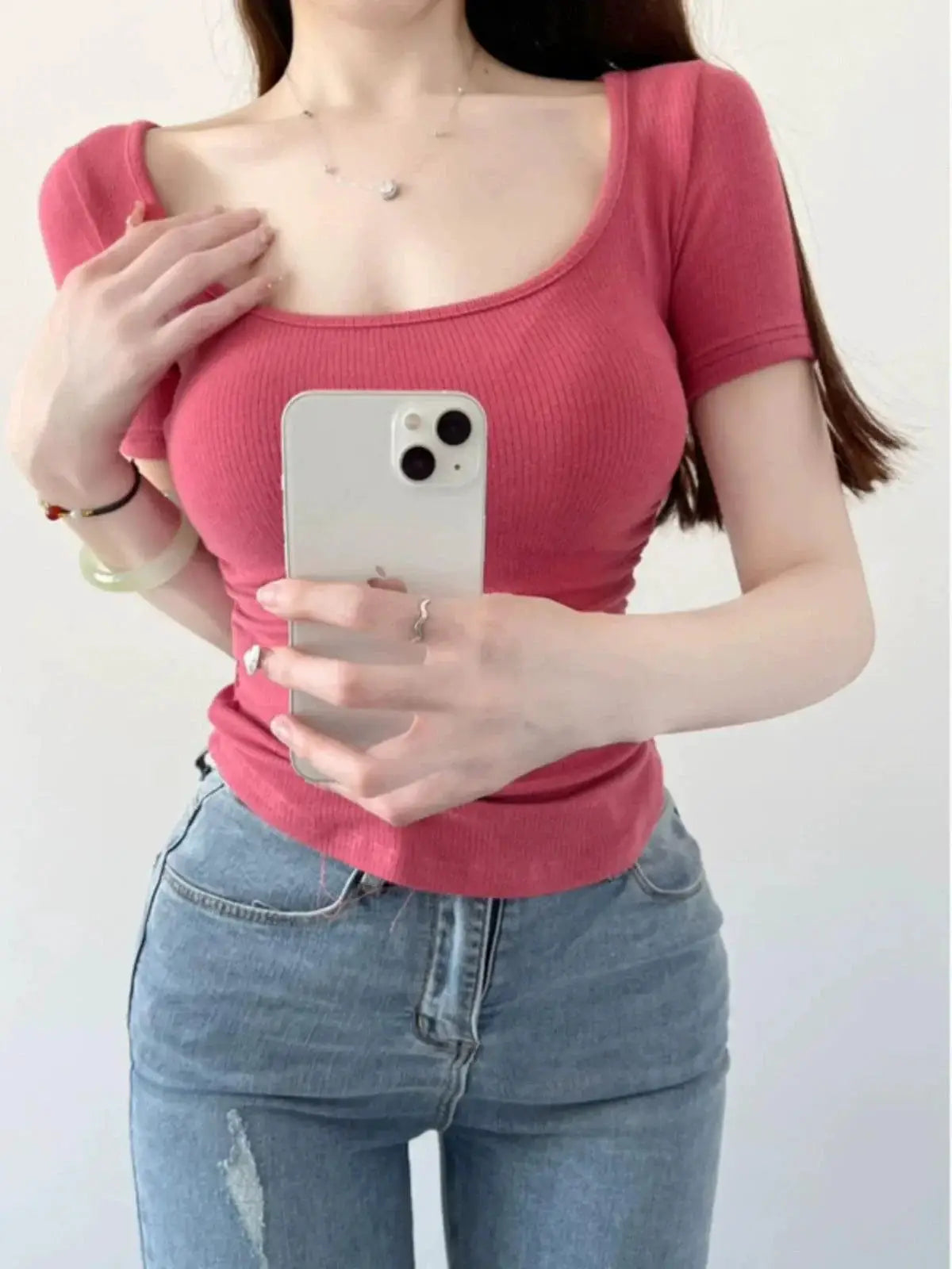 Sexy Square Collar Short Sleeve T Shirt Women Summer 2024