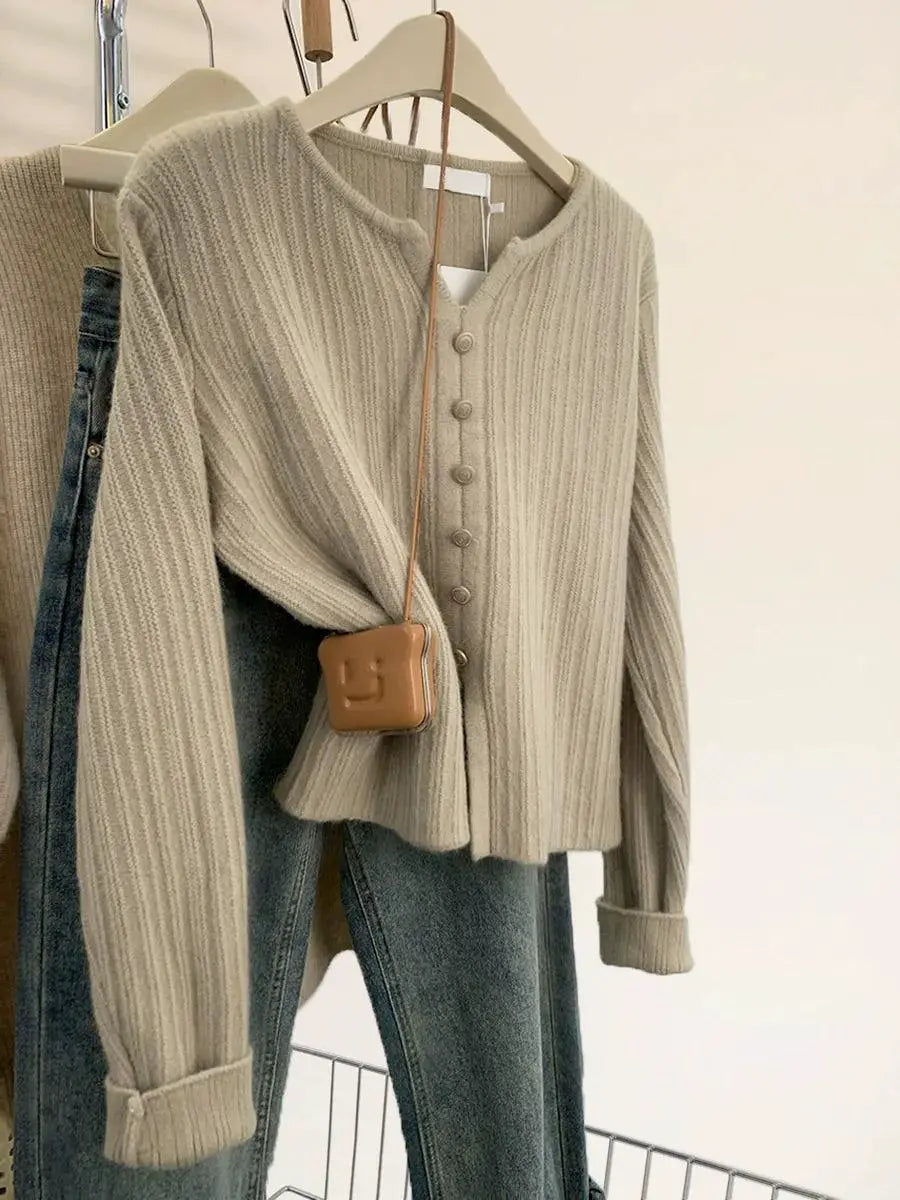 Cozy Oatmeal V Neck Split Sweater Winter Fashion Essential