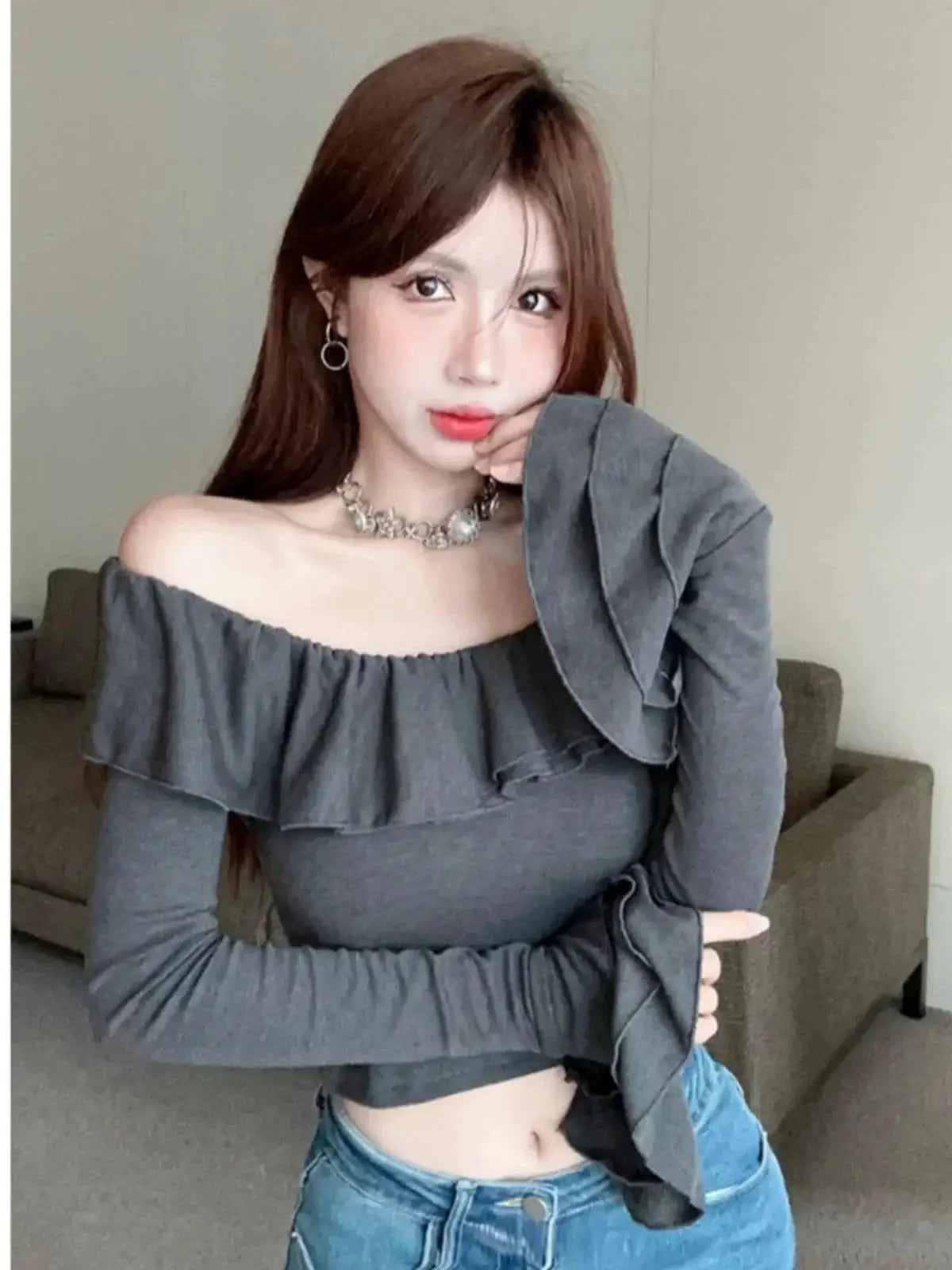 Elegant Off The Shoulder Long Sleeve Shirt For Fall Fashion