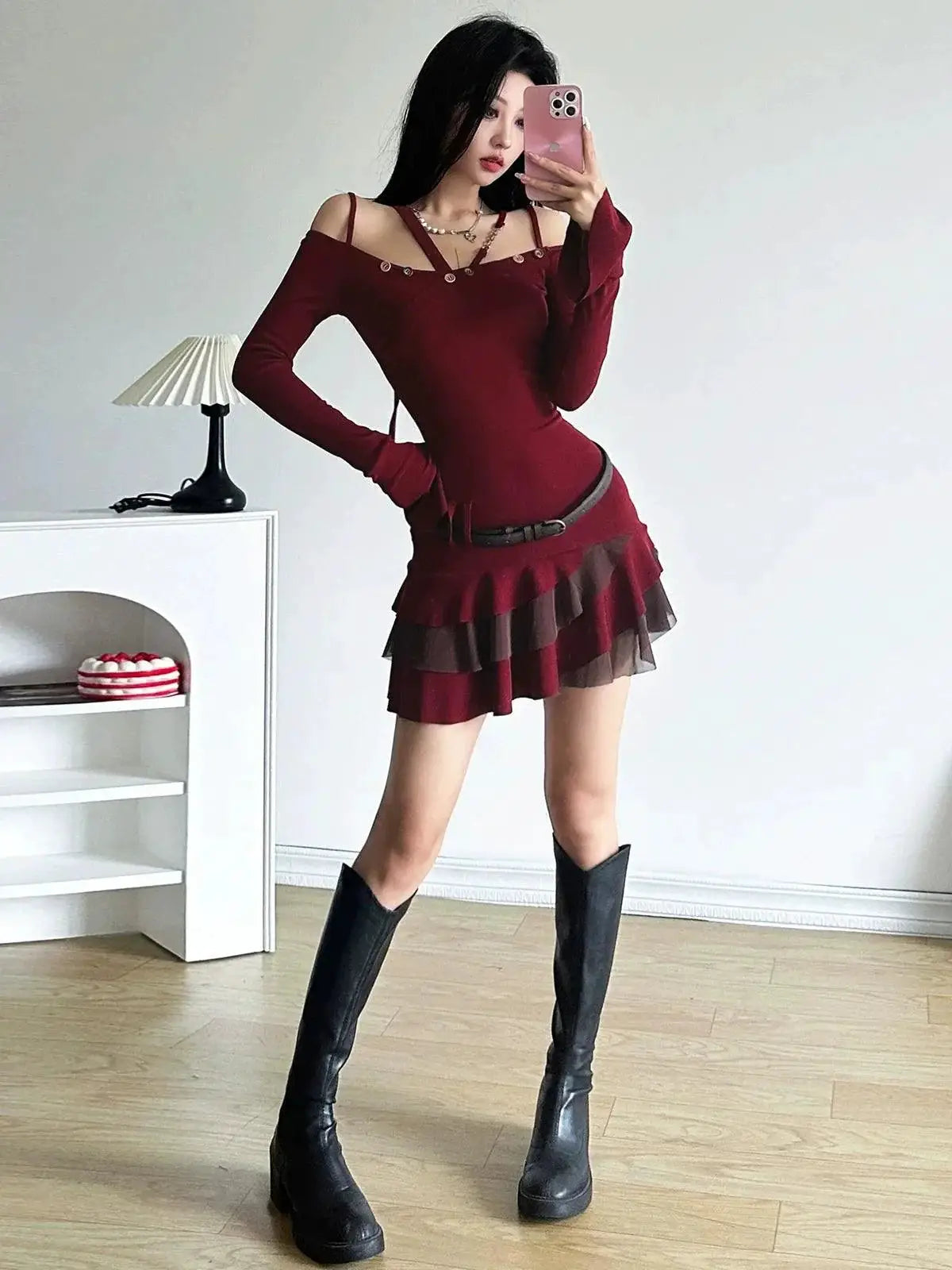 Red Halterneck Dress Winter Chic For Young Women Elegance