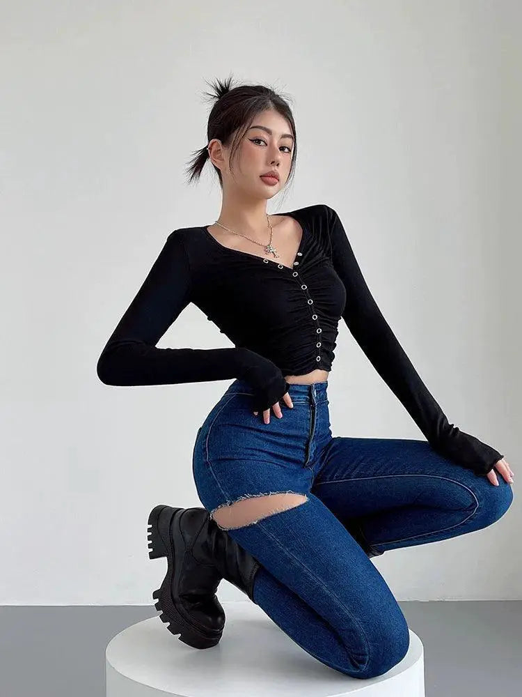 Liviahome Ruched V Neck Long Sleeve Shirt 2024 Fashion