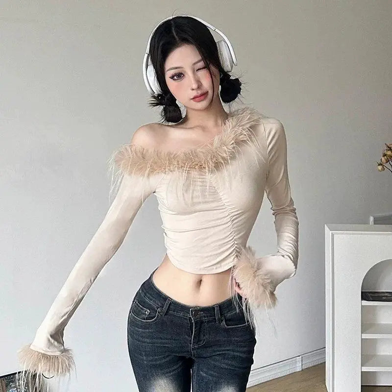 Retro Furry Patchwork One Shoulder T Shirt Autumn Style