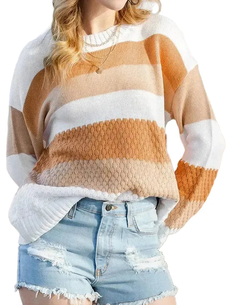 Fashion Stripe Texture Feeling Pullover Sweater for Ladies — product view 1