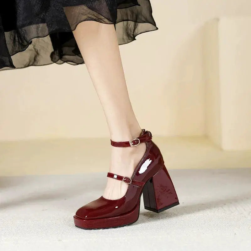 Waterproof Red Wedding Shoes Retro Chic Strap Design