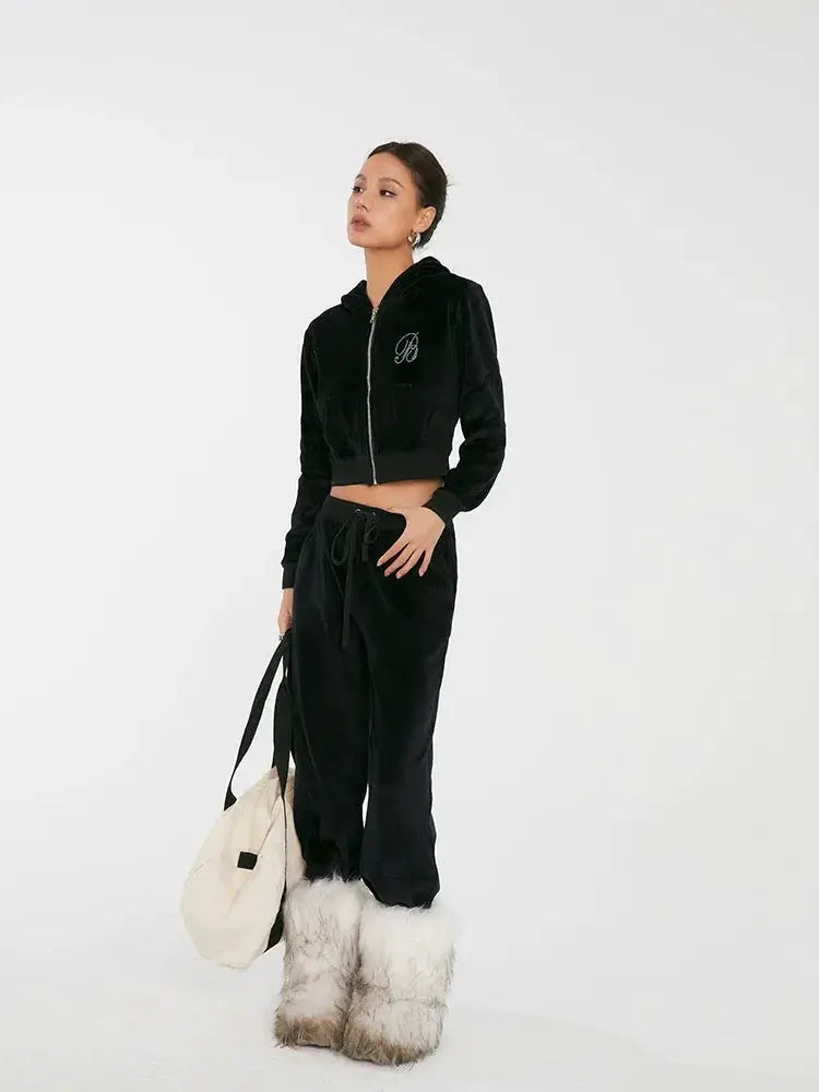 Discoglam Black Rhinestone Velvet Suit Cardigan And Pants
