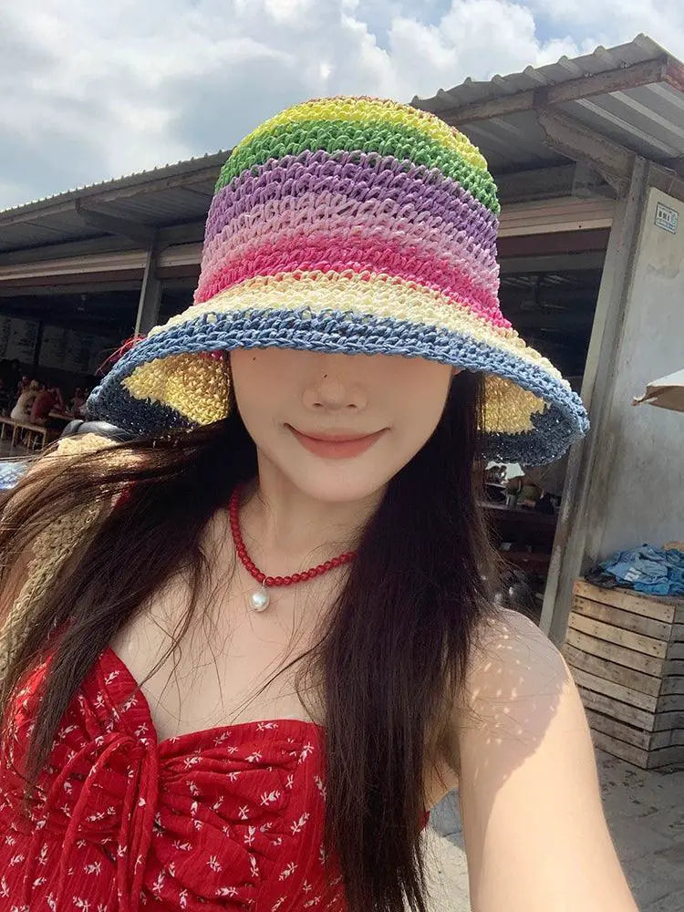 Rainbow Straw Hat For Women Sunproof Beach Summer Accessory