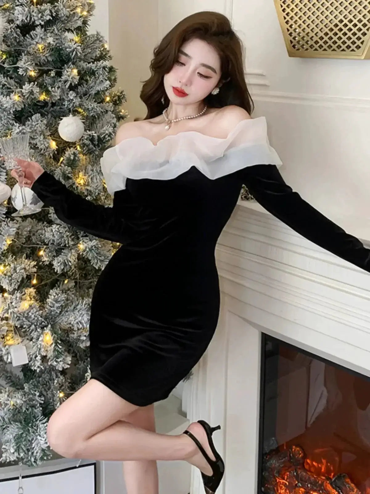 Luxurious Velvet Off Shoulder Dress Chic Elegance Style