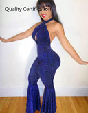 Nightclub Sparkly Backless Flared Catsuit Elegant Fashion