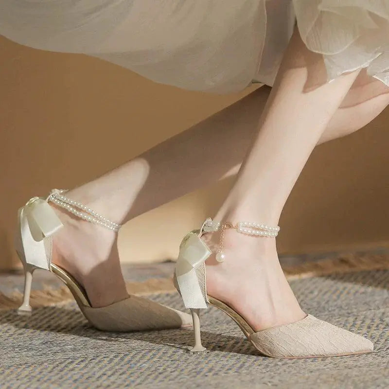 Fairy Pearl Stiletto Heels With Toe Cap For Wedding Shoes