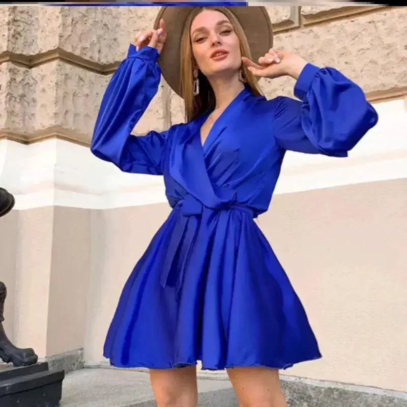 Belted V Neck Long Sleeves Solid Color A Line Dress