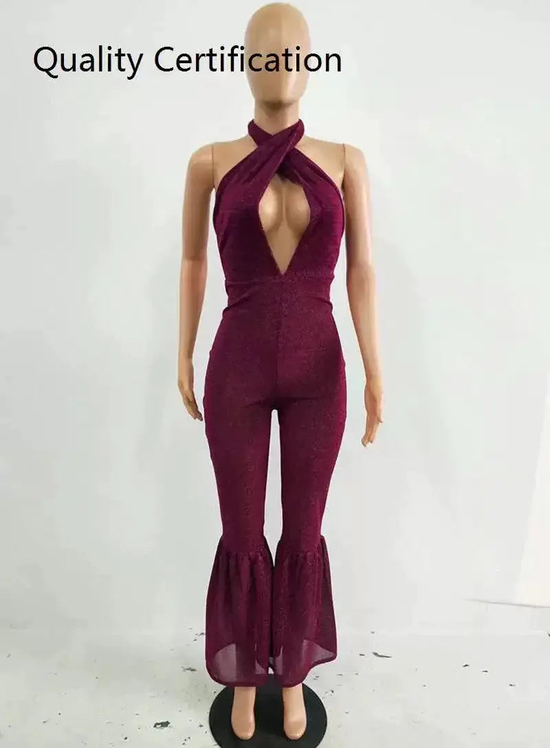 Nightclub Sparkly Backless Flared Catsuit Elegant Fashion