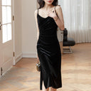 Black Velvet French Retro A-Line Dress Vintage Elegance Style