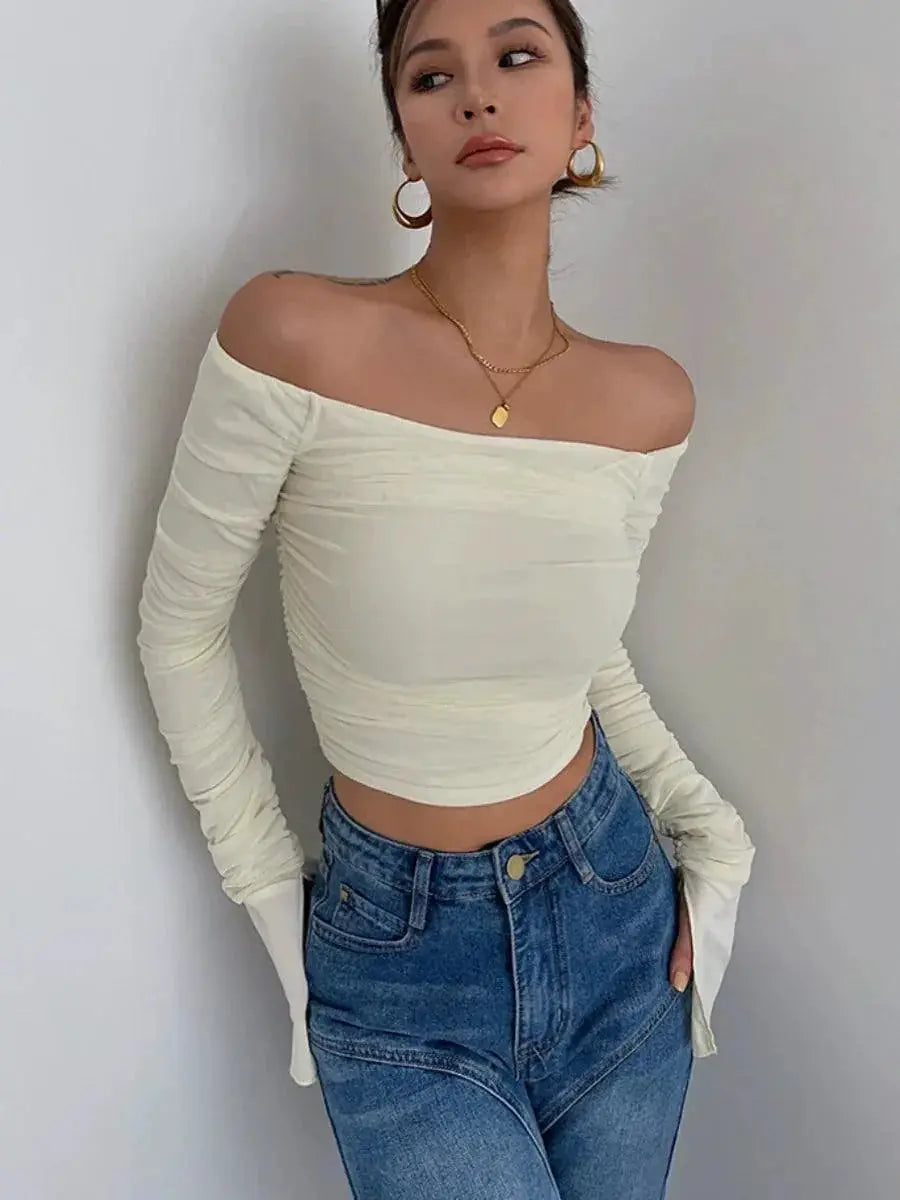 Elegant Mesh Yarn Off Shoulder Top For Autumn Fashion