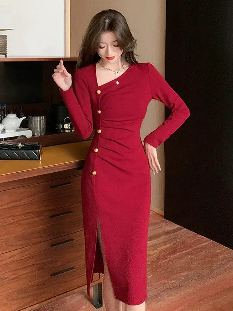 Elegant Red Sheath Dress Retro Chic V Neck Slit Detail